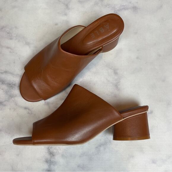 ABLE Renee Peep Toe Cognac Leather Slide Sandals - Picture 1 of 10
